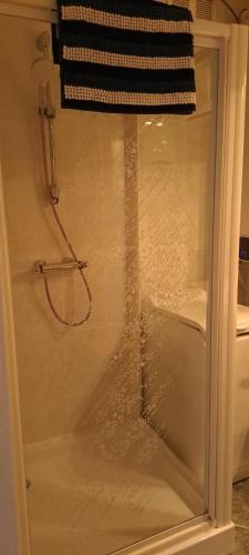 a shower with a glass door in a bathroom at Appartement Zeedijk Blankenberge - near Brugge in Blankenberge