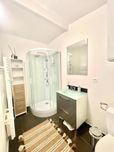 une salle de bain blanche avec un lavabo et une douche dans l'établissement Idéal gare centre ville 2-4 pers, à Amiens