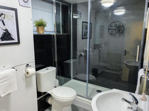 ein Bad mit einer Dusche, einem WC und einem Waschbecken in der Unterkunft Bownessys Retreat - 26989 in Bowness-on-Windermere