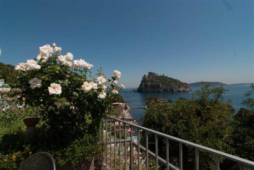 a balcony with a view of a body of water at Hotel La Ninfea in Ischia