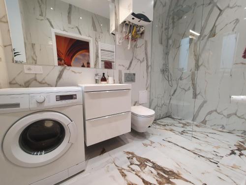 a bathroom with a washing machine and a toilet at FatCat Apartments in Krakow
