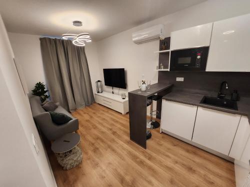 uma cozinha e sala de estar com um sofá e uma mesa em Mickey Apartment Old Town em Bratislava