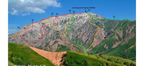 a mountain with red yellow and green routes on it at Зона отдых APACHI в горах ЧИМГАН in Chimgan