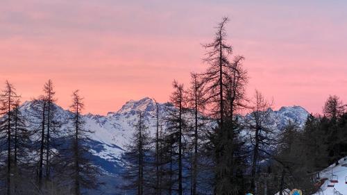 a group of trees with a mountain in the background at La finestra sulla montagna - The window on the Mountain in Pila