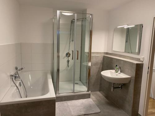 La salle de bains est pourvue d'une douche et d'un lavabo. dans l'établissement Ferienhaus-Zirndorf, à Zirndorf