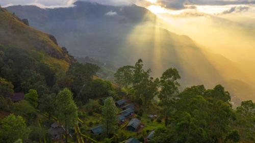 a beam of sunlight shining on a mountain with trees at Nature Zone Jungle Resort in Munnar