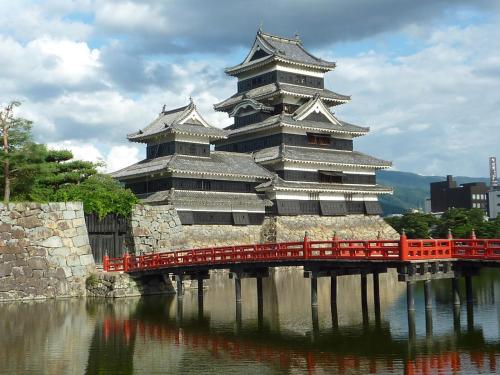 白馬村にあるペンション シエルの川上の赤い橋のある大きな建物