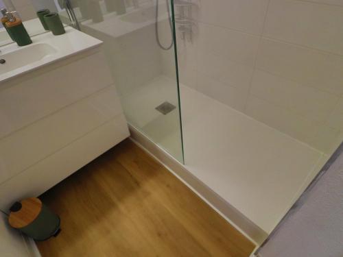 une salle de bain avec une douche en verre et un lavabo dans l'établissement Appartement climatisé avec loggia, 2 pièces, 4 pers, 2 Clés vacances à Sète - FR-1-472A-248, à Sète