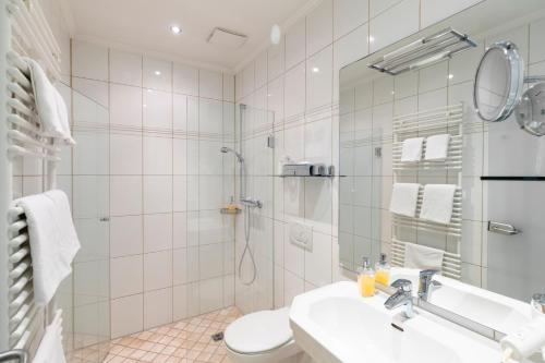 a bathroom with a shower and a toilet and a sink at Gut Altona in Dötlingen