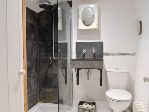 a bathroom with a shower and a toilet and a sink at Hogwood Cottage in Knaresborough