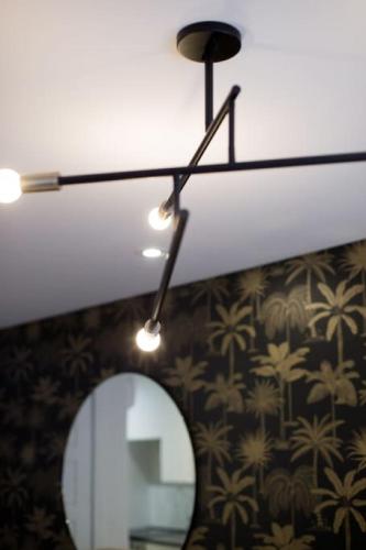 a ceiling light and mirror in a room at Palms Little Italy Studio with full bathroom by Denstays in Montréal