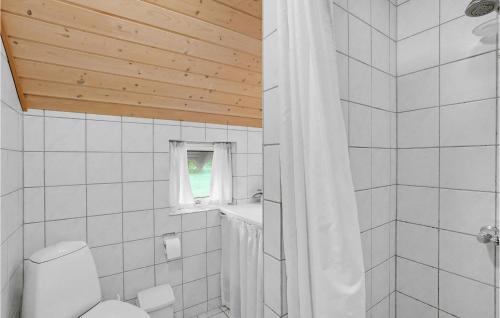 a bathroom with a toilet and a wooden ceiling at Lovely Home In Hurup Thy With Kitchen in Sindrup