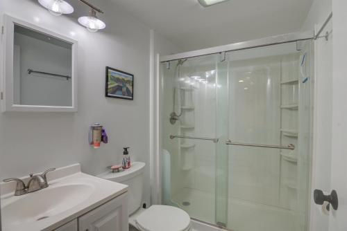 een badkamer met een douche, een toilet en een wastafel bij FERRY TALE LIMIT 10 cottage 