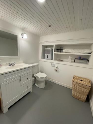 TREMONT LIMIT 10 villa في Bridgton: حمام ابيض مع مرحاض ومغسلة