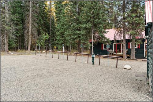 a row of benches in front of a building at Brundage Bungalows in McCall