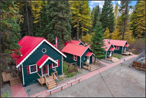 an overhead view of a group of houses with a playground at Brundage Bungalows in McCall