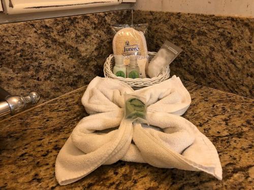 a towel sitting on a counter with some cleaning products at Il Campanário Jurerê Internacional - Studio in Florianópolis