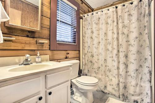 een badkamer met een toilet, een wastafel en een douchegordijn bij Turkey Creek Cove Cabin in Clyde with Gas Grill! in Clyde