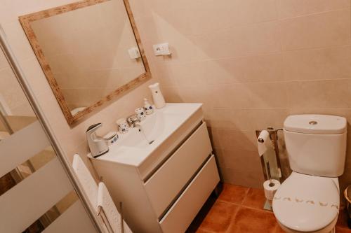 een badkamer met een toilet, een wastafel en een spiegel bij Casa Capricho del Destino 