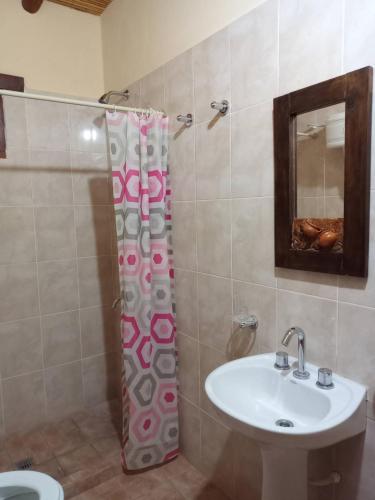 a bathroom with a sink and a shower curtain at La Herencia Tilcara in Tilcara