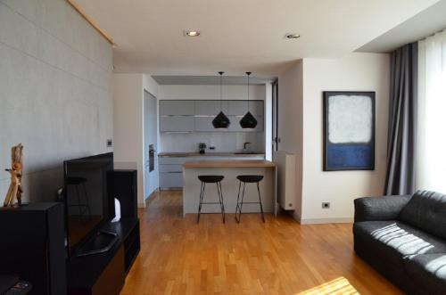 Anvers Apartament في بوخارست: غرفة معيشة مع أريكة ومطبخ
