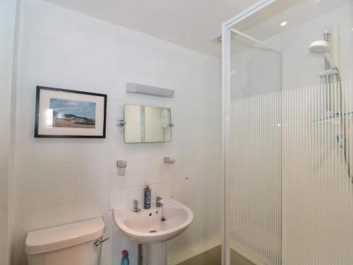 a bathroom with a toilet and a sink and a shower at The Linhay in Bridport