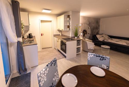 a kitchen and a living room with a table and chairs at Ferienwohnung Einraum Apartment Pusteblume in Eilenburg
