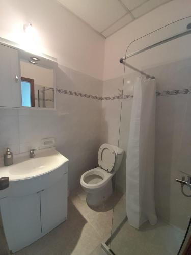 Baño blanco con aseo y lavamanos en Mykonos Centro Apartamento, en Carmelo