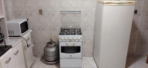 Il comprend une petite cuisine équipée d'une cuisinière et d'un four micro-ondes. dans l'établissement Praça Residence, à Uruguaiana