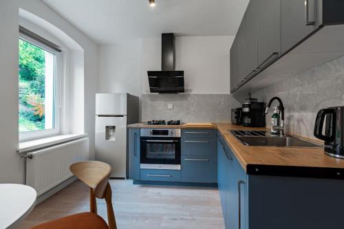 a kitchen with blue cabinets and a sink at Blick Apartments - Waterfront Green Apartment in Zgorzelec