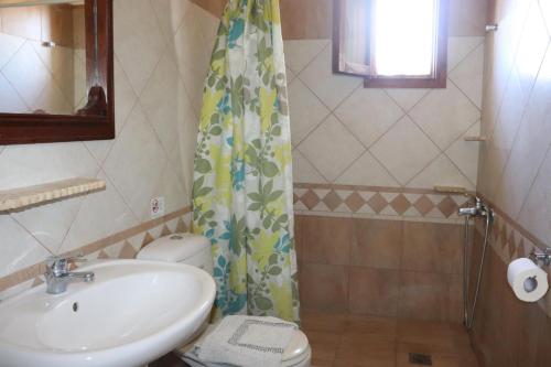 La salle de bains est pourvue d'un lavabo et d'un rideau de douche. dans l'établissement VANGELIS-Triopetra, à Triopetra