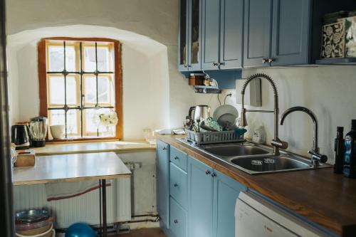 a kitchen with blue cabinets and a sink and a window at Apartments Možinetova hiša in Šentjošt nad Horjulom