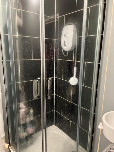 a shower with a glass door with a shower head at Studio apartment in Bristol