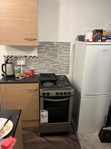 a kitchen with a stove and a refrigerator at Studio apartment in Bristol