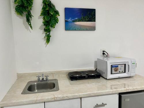 a kitchen counter with a microwave and a sink at Isla Venados Renta Vacacional in Mazatlán