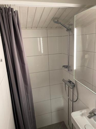 Sjötofta的住宿－Kvarnsjöns Naturcamping，浴室配有淋浴帘和盥洗盆。