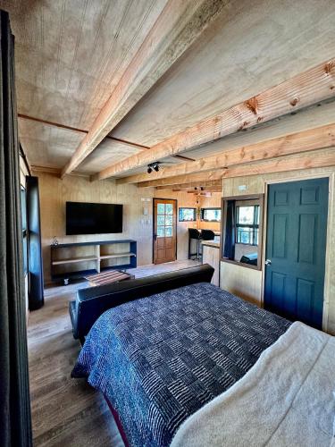 a bedroom with a bed and a tv in it at Molco Cabins Palafito in Pucón