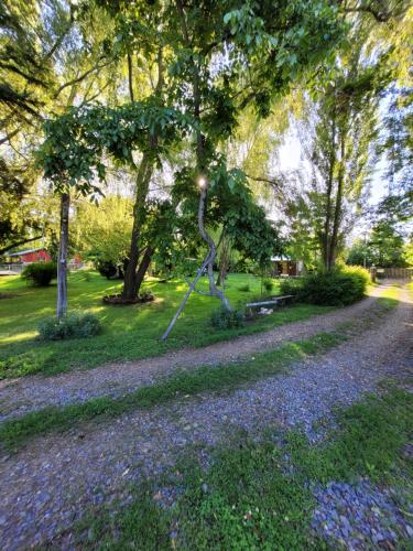 a gravel road in a park with trees and flowers at Cabañas Aguas Claras in Pinto