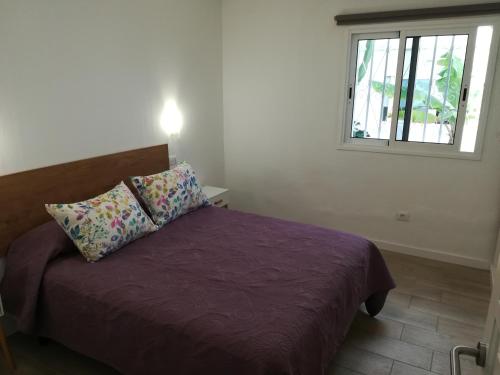 ein Schlafzimmer mit einem lila Bett und einem Fenster in der Unterkunft Sunset La Palmita in La Victoria de Acentejo