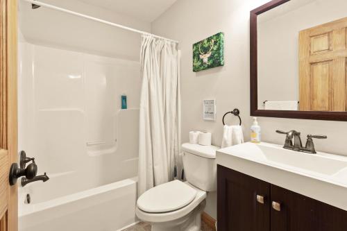 a bathroom with a white toilet and a sink at THE ONE Chalet in Albrightsville