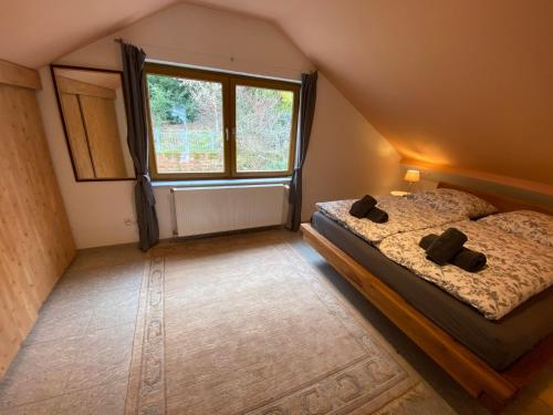 a bedroom with two beds and a large window at Ferienwohnung Fernblick Pfalz - mit Sauna in Weyher