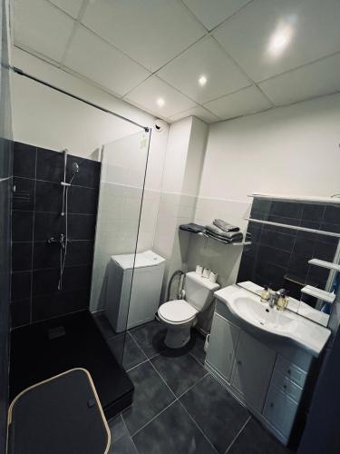une salle de bain avec toilettes, lavabo et douche dans l'établissement So'Conciergerie - Joli studio idéalement situé., à Cassis