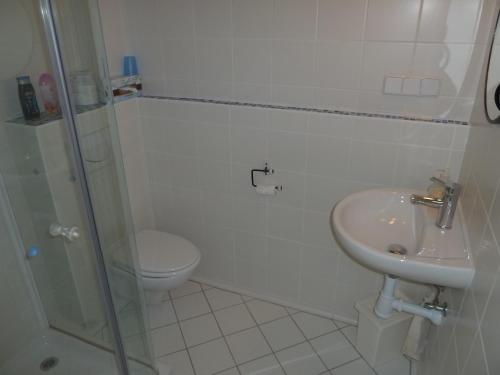 a bathroom with a toilet and a sink and a shower at Hostal Moratinos in Moratinos
