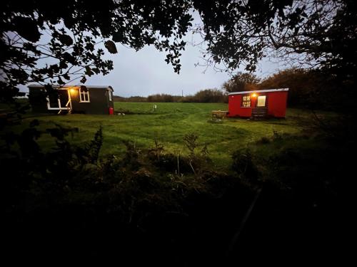 two small buildings in a field at night at Stepping Stones Glamping little red in Bantry