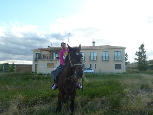 a young girl riding a horse in a field at Hostal Moratinos in Moratinos