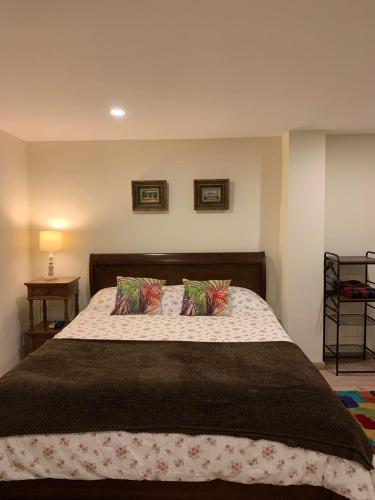 a bedroom with a large bed with two pillows at HOBU MONTAÑA in La Calera