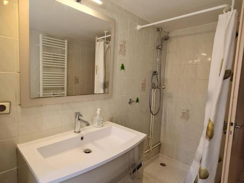 ein Bad mit einem Waschbecken und einer Dusche mit einem Spiegel in der Unterkunft Gîte Pulney, 3 pièces, 5 personnes - FR-1-584-32 