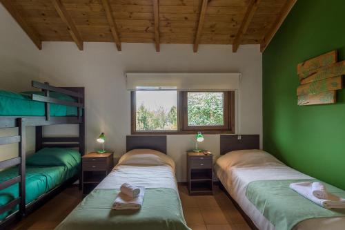 two bunk beds in a room with green walls at Solar Selvana - Casas de montaña in Villa La Angostura