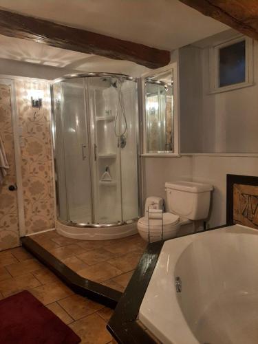 La salle de bains est pourvue d'une douche, d'une baignoire et de toilettes. dans l'établissement Auberge le Petit Séjour, à Chateau Richer