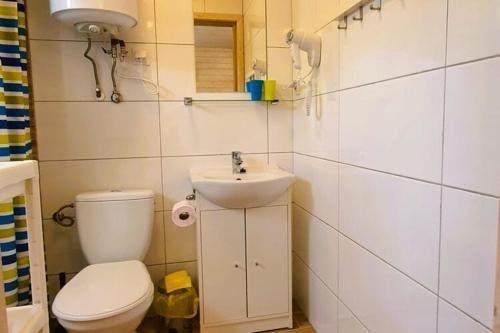 a bathroom with a toilet and a sink at Comfortable cottages, very close to the sea, G ski in Gąski